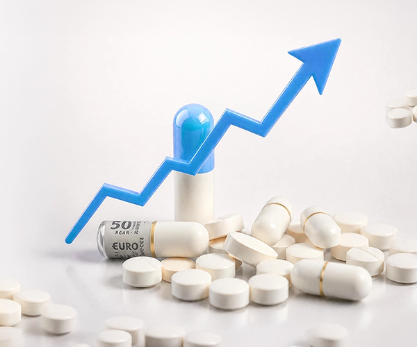 Pills with a rising blue arrow representing drug pricing