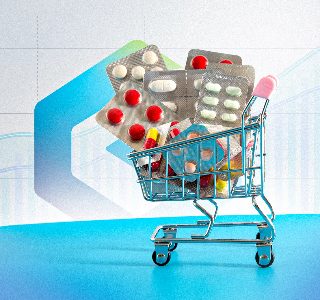 Shopping cart filled with medicines, representing patient access to treatment